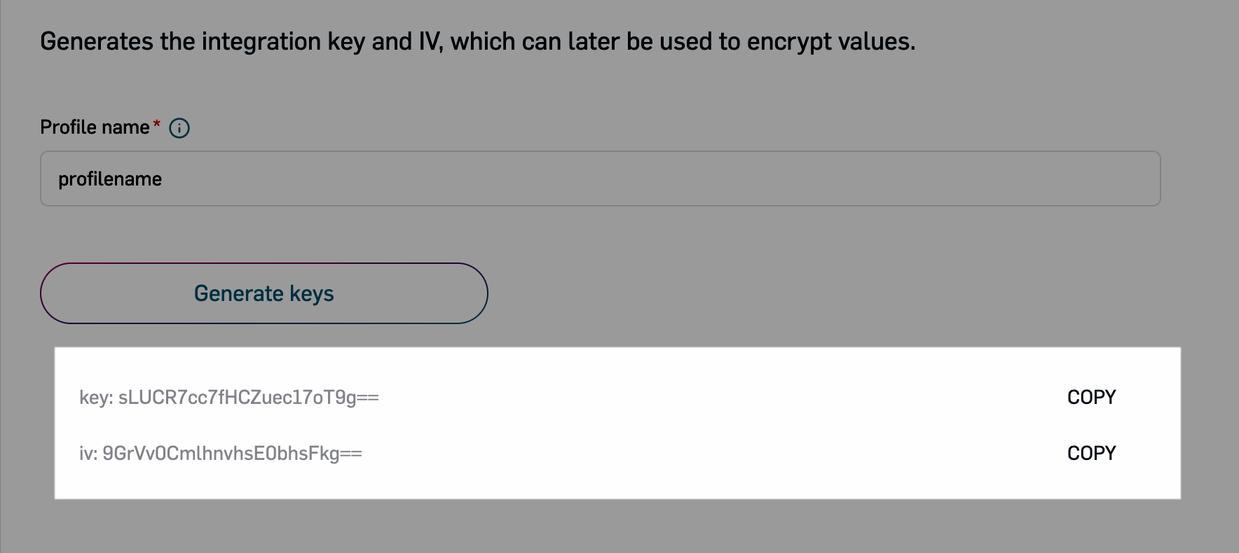 The key and IV highlighted in the Developer IDE for Integrations UI