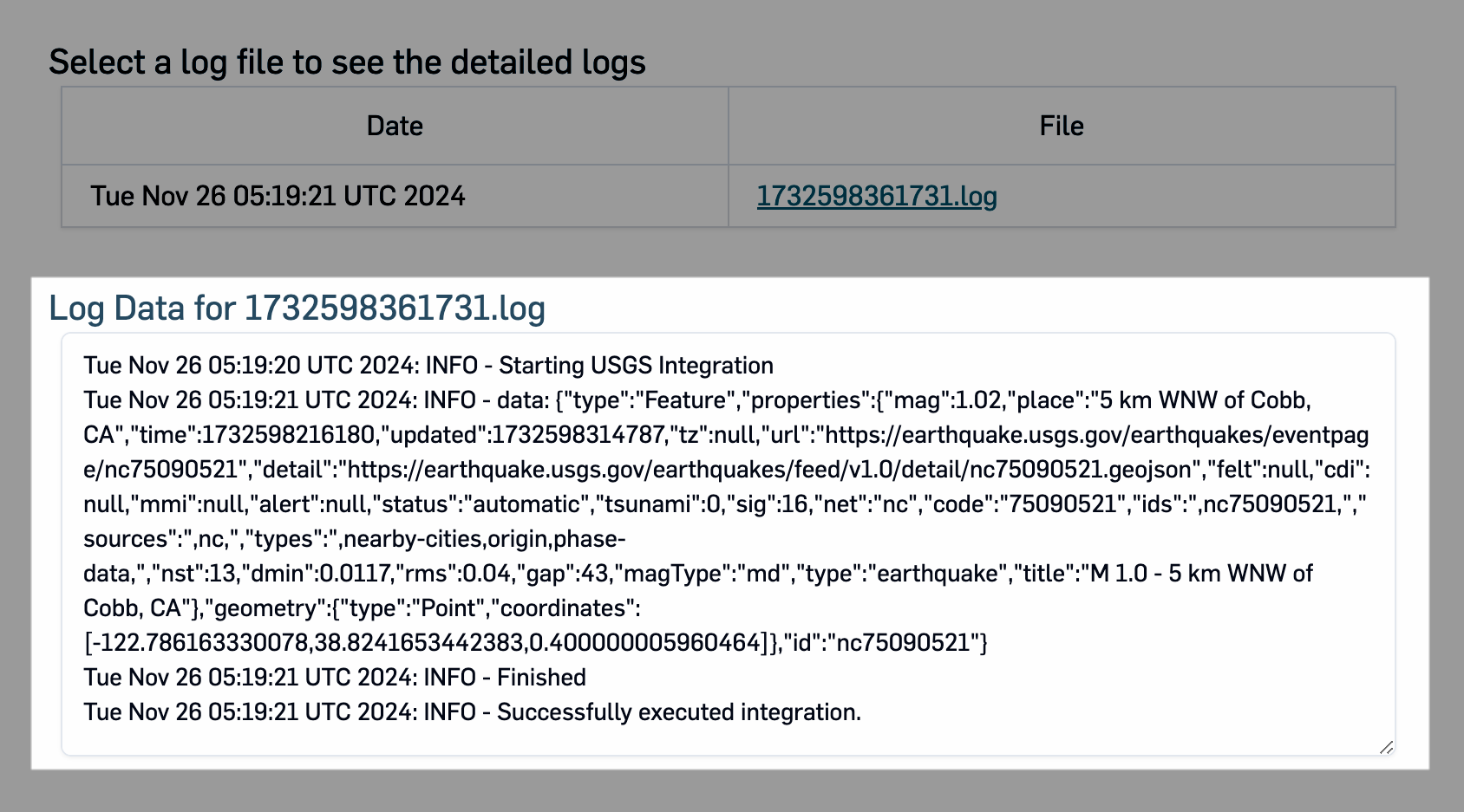 Locil Log Log details highlighted in the Developer IDE for Integrations UI